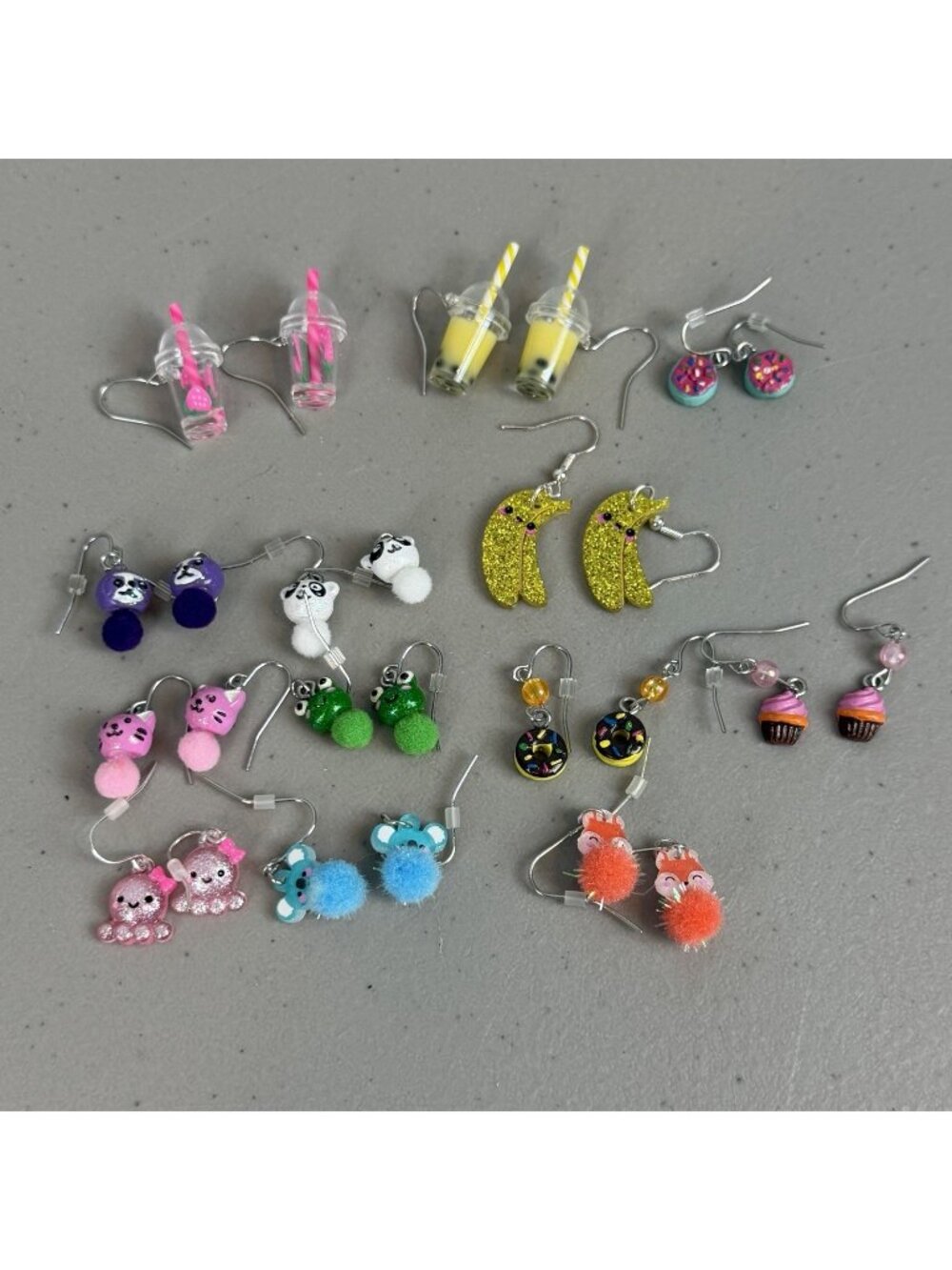 Girls Earrings Lot of 13 Pairs Twee Cutecore Boba Tea Donuts Fox Panda Etc